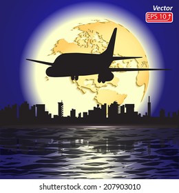black airplane flight on sky abstract background with silhouette of city sea yellow moon planet earth vector