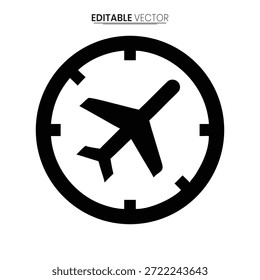 Um ícone de avião preto é centralizado dentro de uma face de relógio circular, representando viagem e tempo.