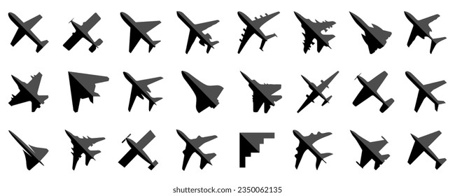 Black airplane icon collection. Set of black plane silhouette icon. Aircraft, plane, airplane, jet icon collection