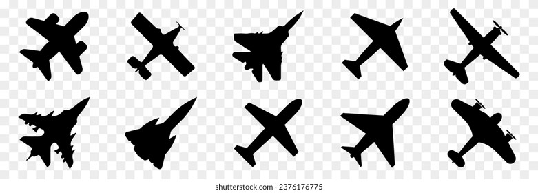 Black airplane icon collection. Set of black plane silhouette icon. Aircraft icons. Flight transport symbols