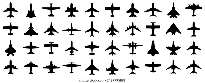 Black airplane icon collection. Set of black plane silhouette icon. Aircraft, plane, airplane, jet icon collection