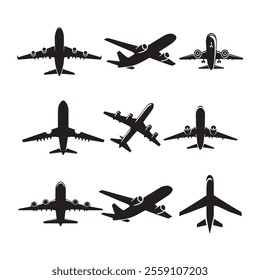 Black airplane icon collection. Set of black plane silhouette icon
