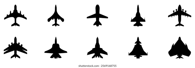 Black airplane icon collection. Set of black plane silhouette icon. EPS 10