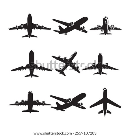 Black airplane icon collection. Set of black plane silhouette icon
