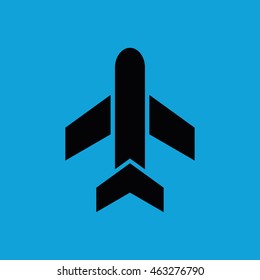 Black airplane icon vector. Blue background