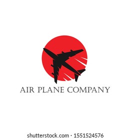 black airplane logo design with a red circle for the company and the web