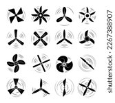 Black airplane propellers symbols. Propeller blade elements, rotate flight motor. Turbine rotating, electric fan or marine screw decent vector logos