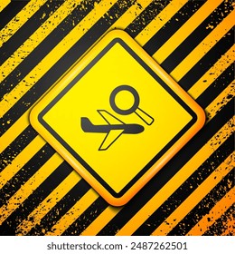 Black Airplane search icon isolated on yellow background. Warning sign. Vector