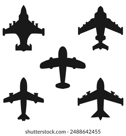 Black airplane set icon collection. Set of black plane silhouette icon