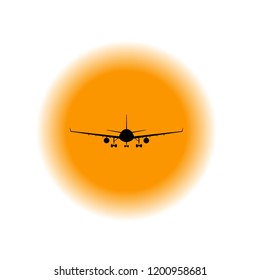 Black airplane silhouette against the background of the sun. Flat design, vector.