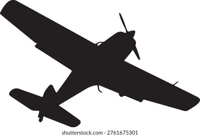 Black airplane silhouette with front engine propeller and fixed wings. Aerial transportation vector graphic design.