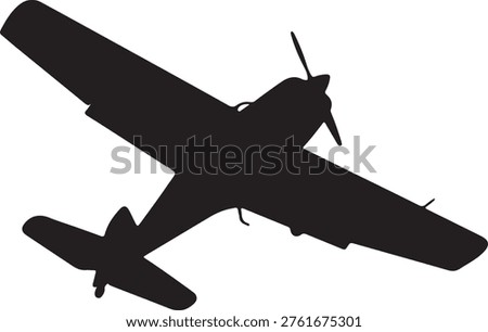 Black airplane silhouette with front engine propeller and fixed wings. Aerial transportation vector graphic design.