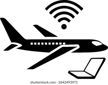 Black airplane silhouette with laptop and wifi symbol working design element