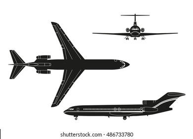 Black airplane silhouette on a white background. Top view, front view, side view. Vector illustration