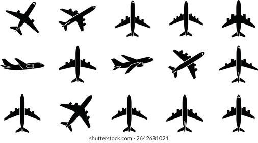 Black airplane silhouettes collection on white background representing flight and transportation