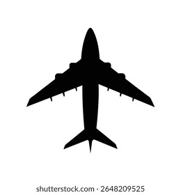 Black airplane top view icon with simple silhouette design.