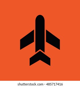 Black airplane vector icon. Orange background