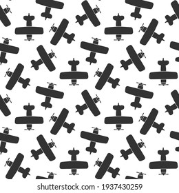 Black airplanes biplanes isolated on white background. Cute monochrome seamless pattern. Vector simple flat graphic illustration. Texture.