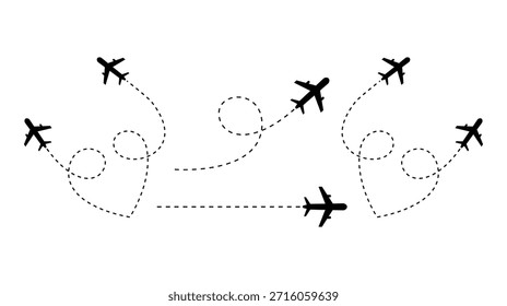 Aviões pretos com trajetórias de voo tracejadas, isolados sobre fundo branco