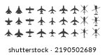 Black airplanes top view. Military jet fighter and civil aviation cargo and passenger planes silhouette icons aerial view. Vector overhead look of airplane set. Small and large flying vehicles