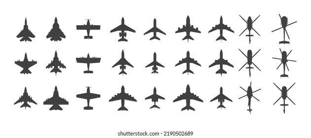 Black airplanes top view. Military jet fighter and civil aviation cargo and passenger planes silhouette icons aerial view. Vector overhead look of airplane set. Small and large flying vehicles