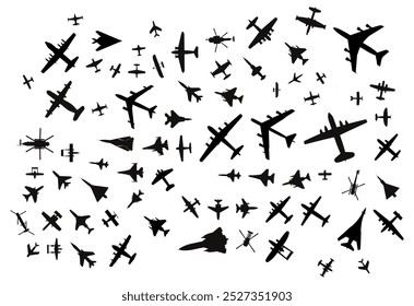 Vista superior de aviones negros. Iconos militares de la silueta del caza del jet