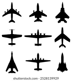 Vista superior de aviones negros. Iconos militares de la silueta del caza del jet