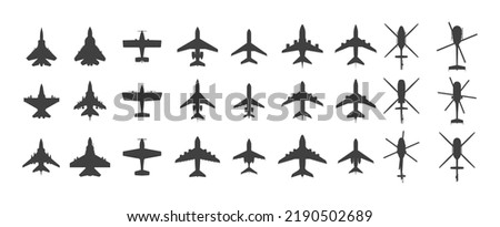 Black airplanes top view. Military jet fighter and civil aviation cargo and passenger planes silhouette icons aerial view. Vector overhead look of airplane set. Small and large flying vehicles