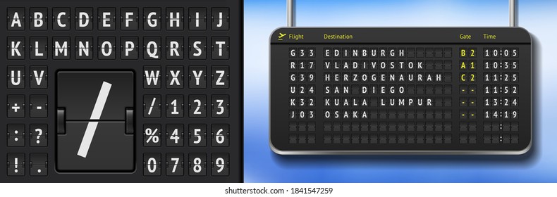 Black airport flight timetable with arrivals. Vector airport departure board with font. Realistic flip airline board template. Analog scoreboard alphabet on dark background. Destination airline board