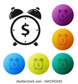 Black Alarm clock with dollar symbol icon isolated on white background. Time is money. Effective time management. Business concept. Set icons colorful circle buttons. Vector Illustration