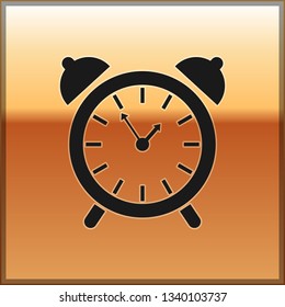 Black Alarm clock icon isolated on gold background. Wake up, get up concept. Time sign. Vector Illustration