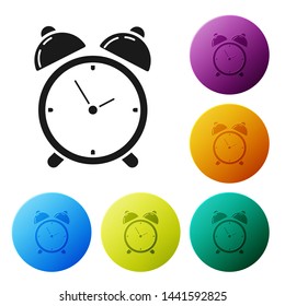 Black Alarm clock icon isolated on white background. Wake up, get up concept. Time sign. Set icons colorful circle buttons. Vector Illustration