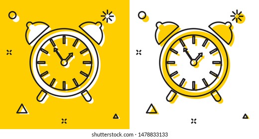 Black Alarm clock icon isolated on yellow and white background. Wake up, get up concept. Time sign. Random dynamic shapes. Vector Illustration