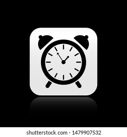Black Alarm clock icon isolated on black background. Wake up, get up concept. Time sign. Silver square button. Vector Illustration