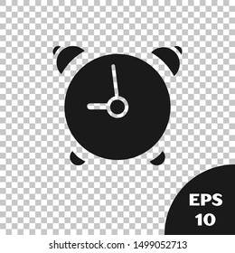 Black Alarm clock icon isolated on transparent background. Wake up, get up concept. Time sign.  Vector Illustration
