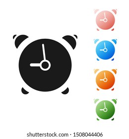 Black Alarm clock icon isolated on white background. Wake up, get up concept. Time sign. Set icons colorful. Vector Illustration