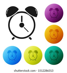 Black Alarm clock icon isolated on white background. Wake up, get up concept. Time sign. Set icons colorful circle buttons. Vector Illustration