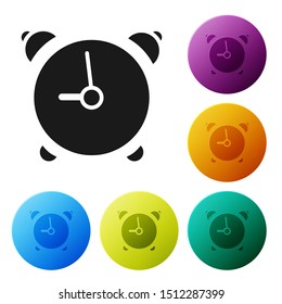 Black Alarm clock icon isolated on white background. Wake up, get up concept. Time sign. Set icons colorful circle buttons. Vector Illustration