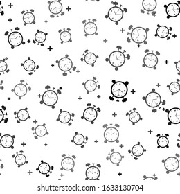 Black Alarm clock icon isolated seamless pattern on white background. Wake up, get up concept. Time sign. Vector Illustration