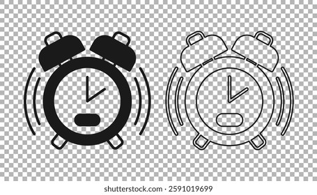 Black Alarm clock icon isolated on transparent background. Wake up, get up concept. Time sign.  Vector