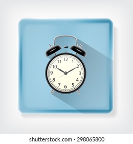 Black alarm clock. Icon with long shadow. EPS10 vector