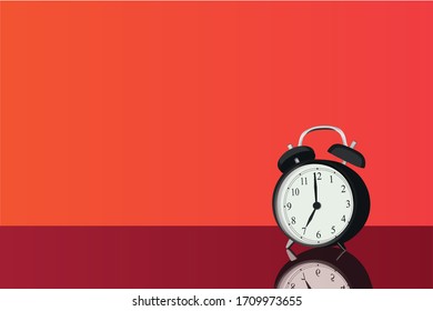 Black alarm clock on a red background with mirror reflection