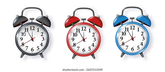 Black alarm clock on white background. Morning, reminder. Vector metal vintage ringing alarm clock on bright white background. Vector