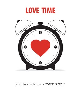 Black alarm clock with red heart. Wedding and valentine day concept. Тime to love with red heart. Wake up with a smile or time to date with my lover on Valentine Day. flat vector illustration