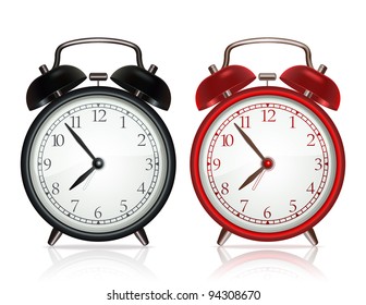 Black alarm clock and red alarm clock on white background