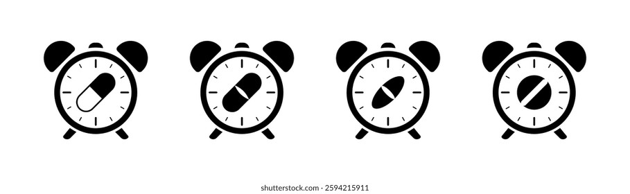 Black alarm clocks with pill icon design in repetitive pattern. Vector icon