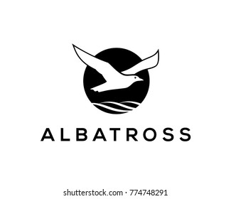 Black Albatross Bird Flying above Wave Sea Illustration Logo Silhouette