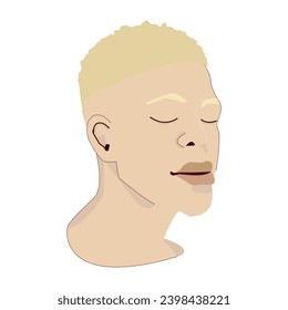 Black albino man boy teen guy adult isolated head face vector illustration pale fair skin blonde hair eyebrows eyes closed peaceful thinking calm model rare natural beauty art flat character portrait.