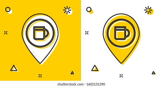 Black Alcohol or beer bar location icon isolated on yellow and white background. Symbol of drinking, pub, club, bar. Random dynamic shapes. Vector Illustration