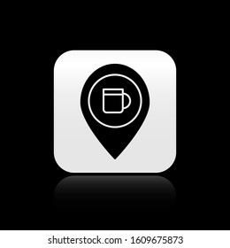 Black Alcohol or beer bar location icon isolated on black background. Symbol of drinking, pub, club, bar. Silver square button. Vector Illustration